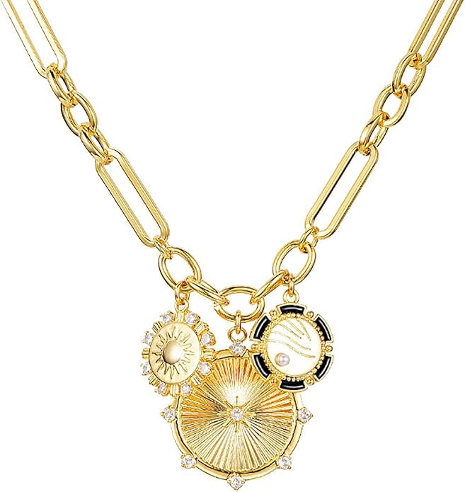 Sun Heart Charm Choker Necklace for Women Men,18k Gold Plated With Zircons Inlaid Pendants,Thick ... | Amazon (US)