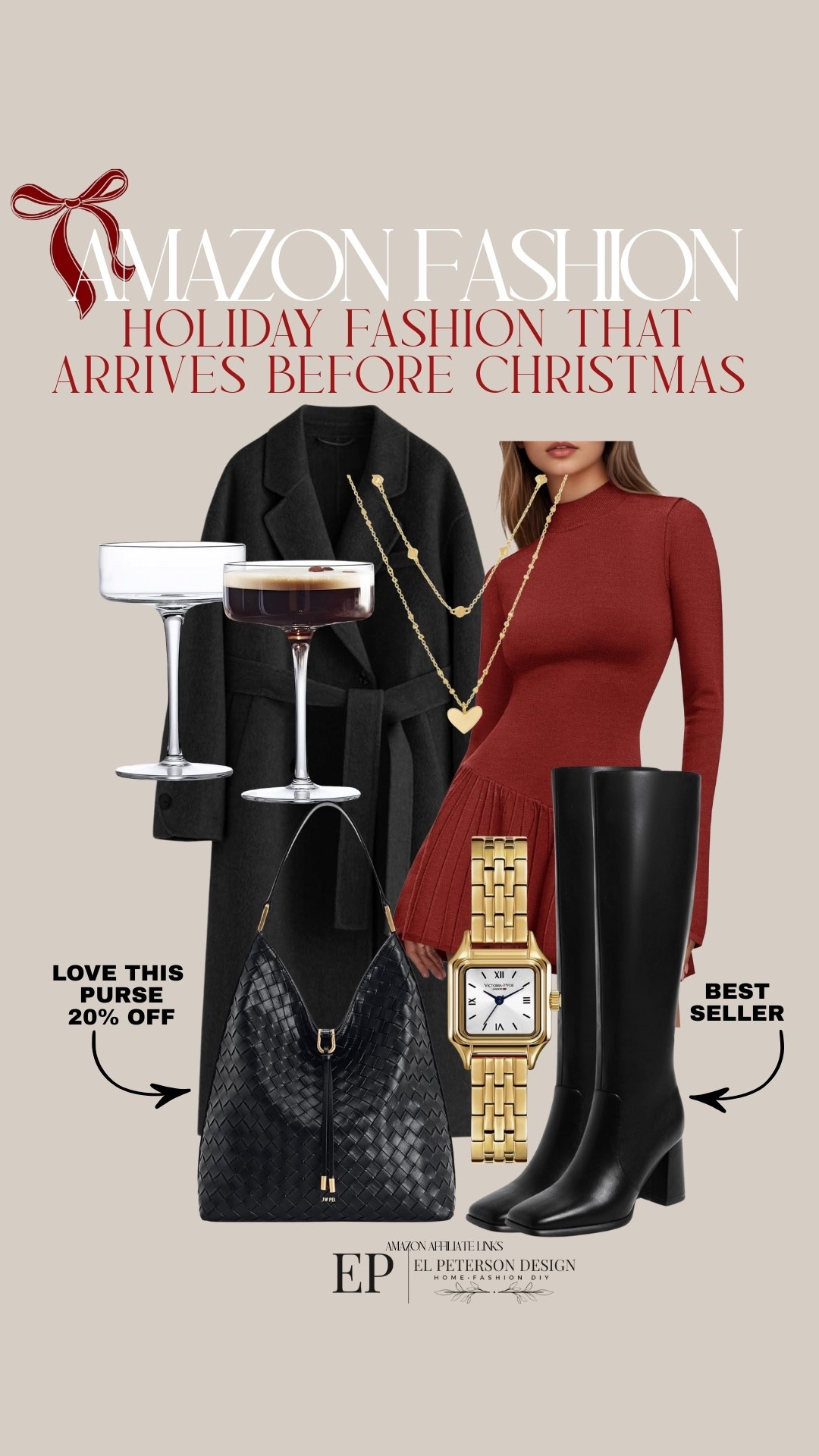 Amazon 
Dress
Jacket
Earrings
Watch
Wine glass
Necklace 
Knee high boots

#LTKFindsUnder50 #LTKFindsUnder100