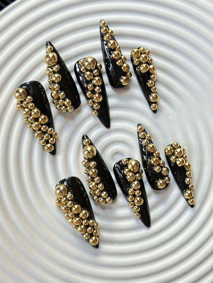 34mm High Heel Handmade Nail Decorations, Hot Girl Luxury Painted Style, Black Base With Golden B... | SHEIN