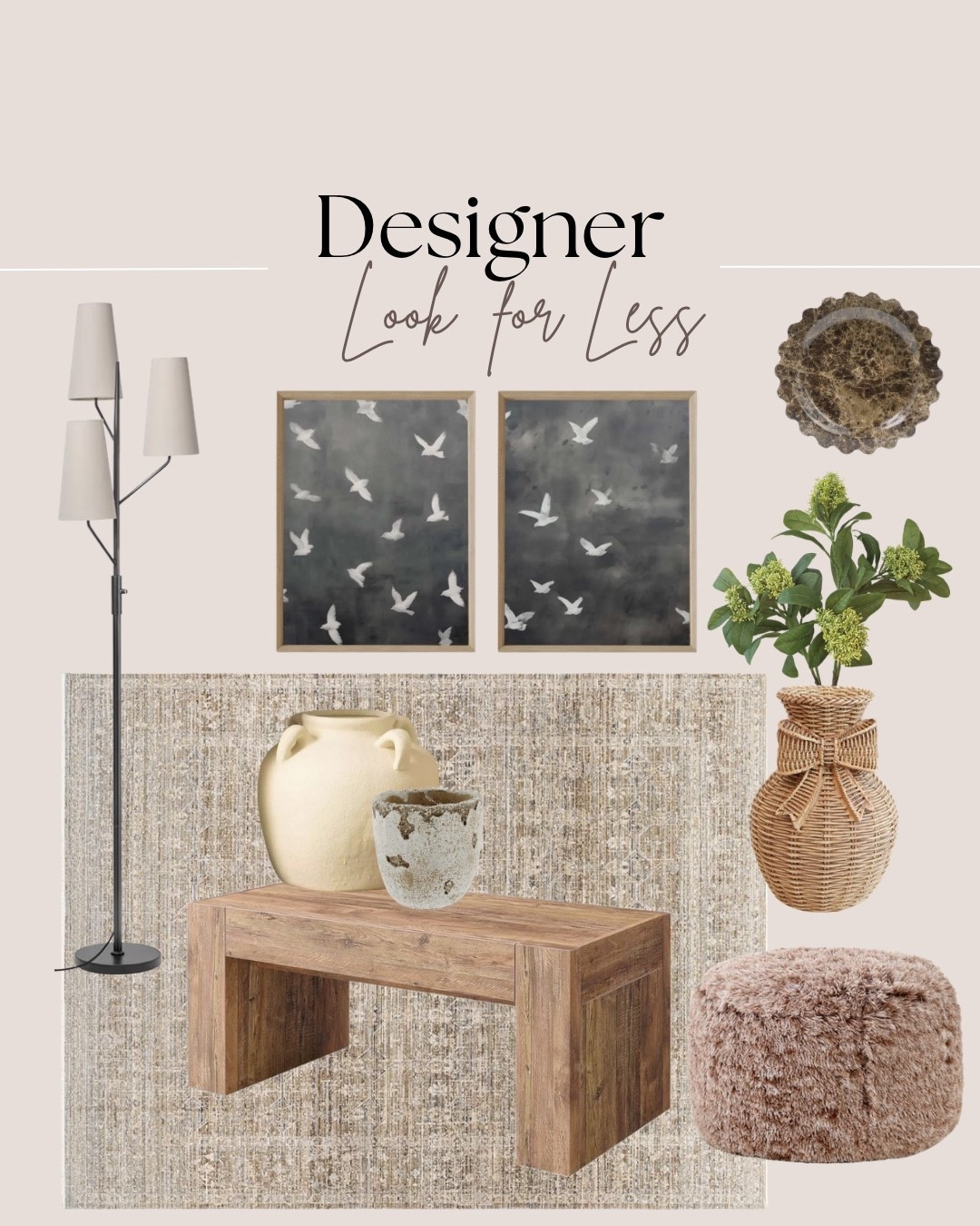 Designer looks for less!
Brown fur pouf, marble scallop tray, three light floor lamp, vintage washable rug, pottery barn flock of birds art dupe, rustic wood coffee tablee

#LTKSaleAlert #LTKHome
