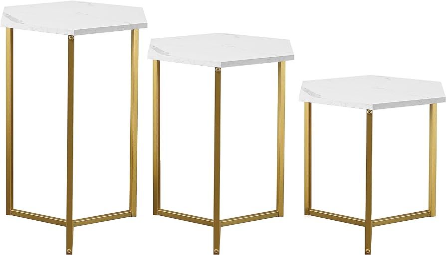 POLUNCA Modern Hexagonal Nesting Side Table Set for Living Room Storage,3 Piece, Marble and Gold | Amazon (US)