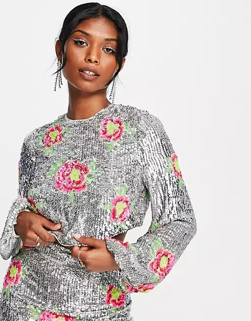 ASOS EDITION blouson sleeve crop top & midi skirt in floral sequin - SILVER | ASOS (Global)