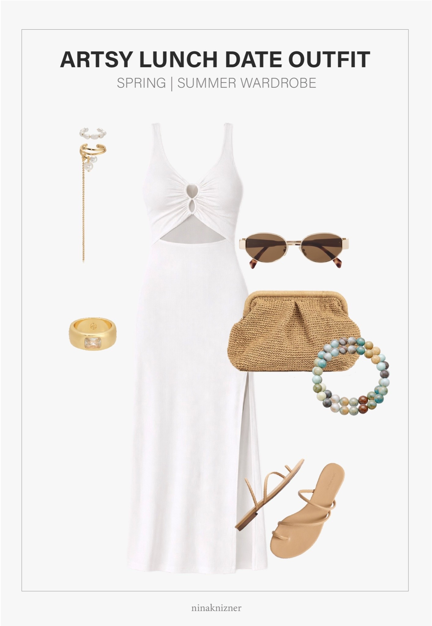 White dress outfit with artsy summer accessories..

- Ettika - Pearl Drama Ear Cuff Set 
- L*space - Camille Dress in White
- Ettika - Emerald Cut Treasure Ring
- Celine - Triomphe 54mm Oval Sunglasses
- Etsy - Straw Summer Pouch Bag in Modern Natural Wicker
- Amazon - 8mm Round Loose Gemstone Beads in Amazonite
- Reformation - Ludo Toe Ring Strappy Flat Sandal in Buff


#spring #springoutfits2026 #womenspringoutfits #summer #summeroutfits2026 #womensummeroutfits  #traveloutfits #travel #accessories #springaccessories #summeraccessories  #destinations #coastal #westcoast #coastalcalifornia #vacation #mediterranean #europeansummer #essentials #staples #capsulewardrobe #minimalist #ovalsunglasses #sunglasses #whitedress #mididress #springdress #summerdress #white #leathersandals #beige #sandals #flats #slipons #shoes #springshoes #summershoes #travelshoes #strappysandals #straw #wicker #springbag #summerbag #vacationbag #bag #jewelry #blue #amazonite

#LTKootd #LTKTravel #LTKSeasonal