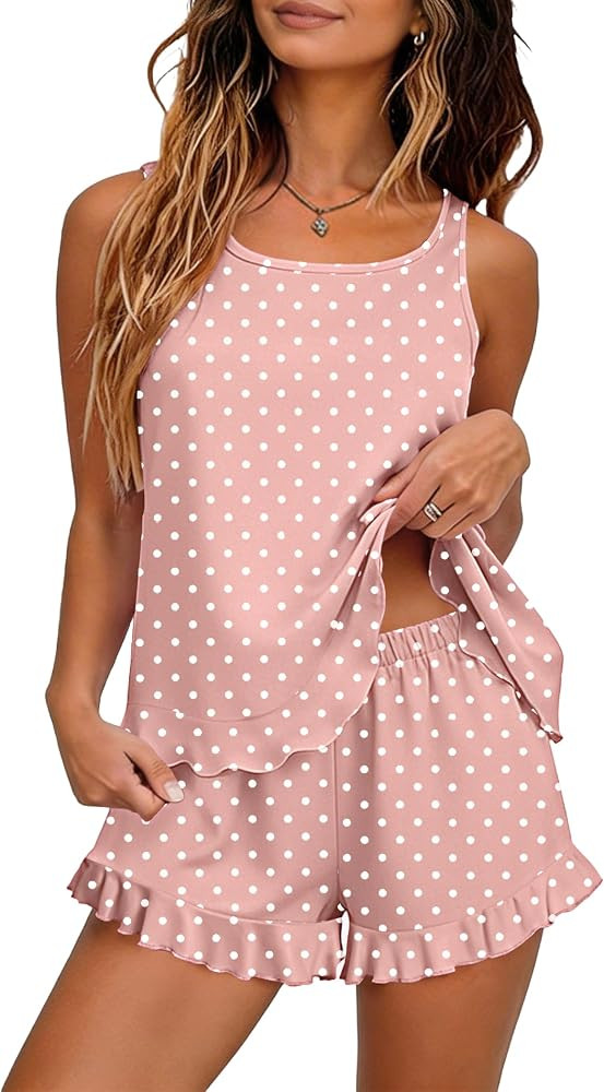 Ekouaer Womens Pajama Sets Ruffle Hem Tank Top and Shorts Set Sleeveless Cami Soft Sleepwear Summ... | Amazon (US)