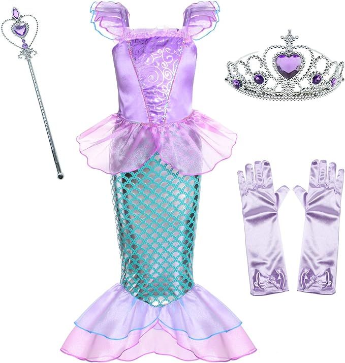 Little Girls Mermaid Princess Costume for Girls Dress Up Party with Gloves,Crown Mace 3-10 Years | Amazon (US)