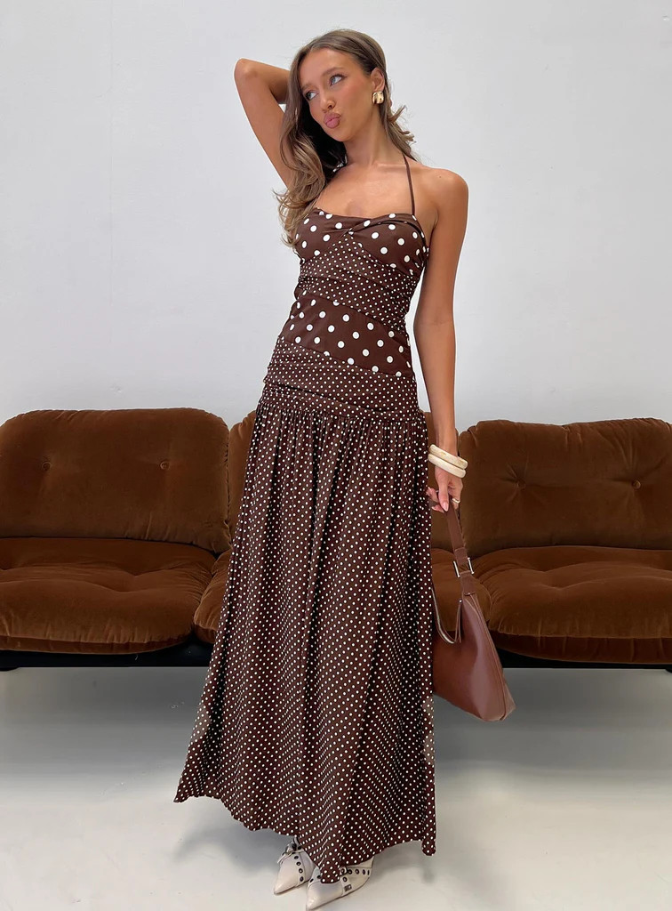 Marguerite Halter Maxi Dress Brown Polka Dot | Princess Polly AU