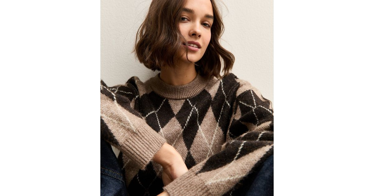 Brown Argyle Crew Neck Midweight Knit Jumper | New Look | New Look (UK)