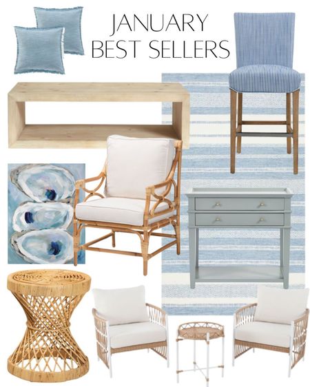 Coastal home decor, coastal decor, striped rug, bar stool, counter stool, nightstand, side table, rattan side table, rattan chair, outdoor furniture, coffee table, blue pillows, blue and white



#LTKsalealert #LTKhome #LTKunder100