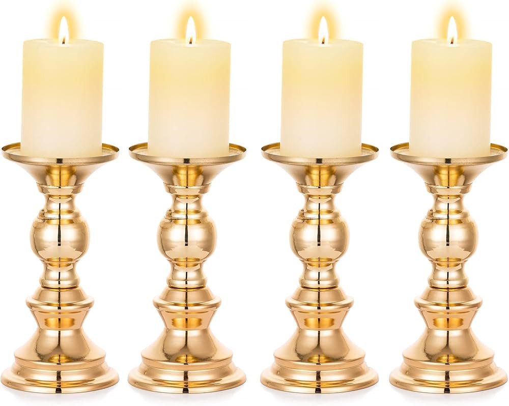 Romadedi Pillar Candle Holders Gold: Candlestick Holder for Pillar Set of 4, Metal Candle Stand D... | Amazon (US)
