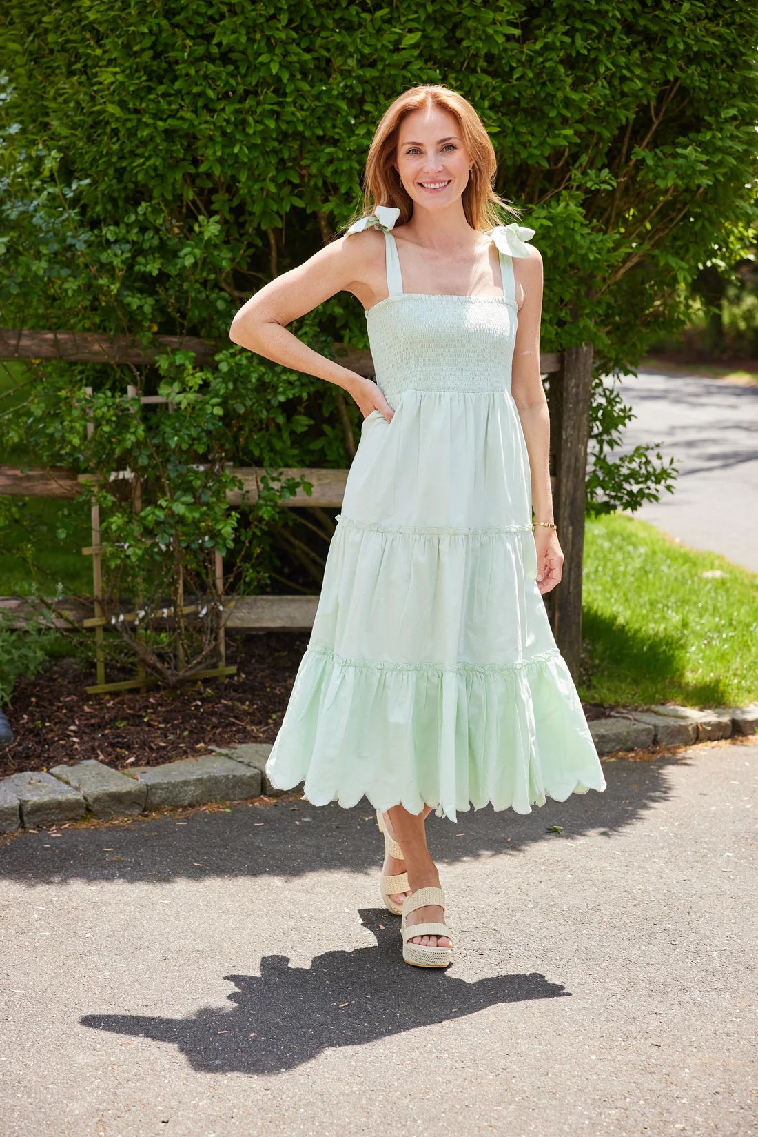 Green Bow Shoulder Smocked Midi Dress | Sail to Sable