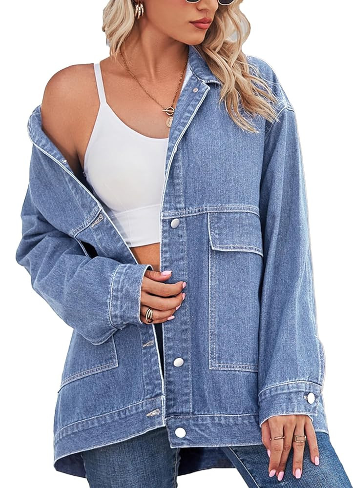 PAODIKUAI Women's Oversized Denim Jacket Casual Long Sleeve Vintage Jean Jacket Top Coat with Poc... | Amazon (US)
