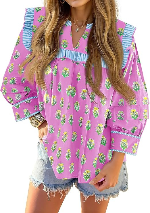 Tankaneo Womens Floral Babydoll Blouse Puff Sleeve Peplum Tops Casual Ruffle V Neck Flowy Boho Cu... | Amazon (US)