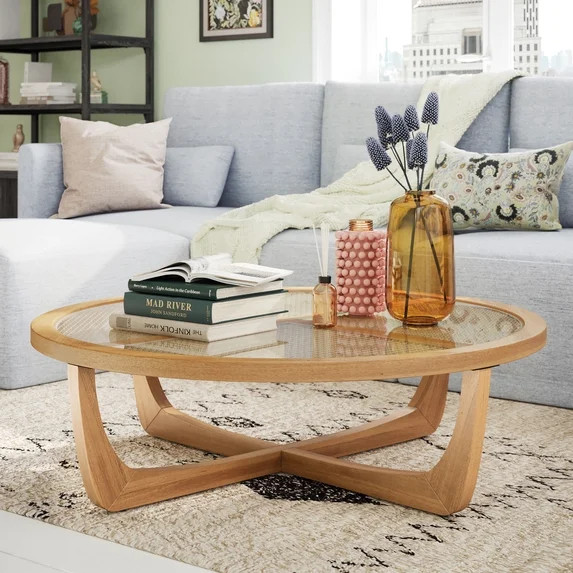 Beautiful by Drew Barrymore Round Rattan & Glass Top Coffee Table with Solid Wood Frame, Warm Hon... | Walmart (US)