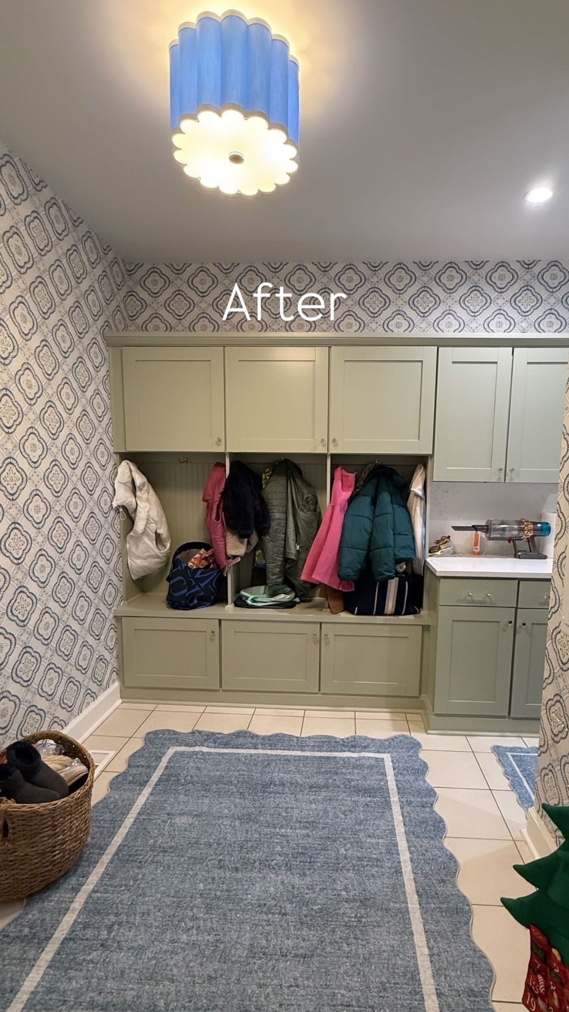 Obsessed with how this mudroom is coming to life!! Cabinet color is lichen farrow and ball 