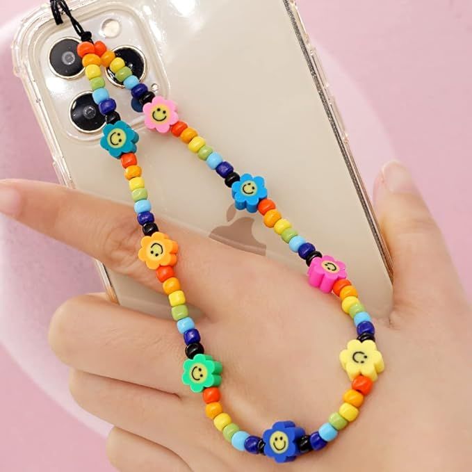 SYSUII Beaded Phone Lanyard Wrist Strap, Kawaii Cute Smile Face Fruit Star Pearl Rainbow Color Ph... | Amazon (US)