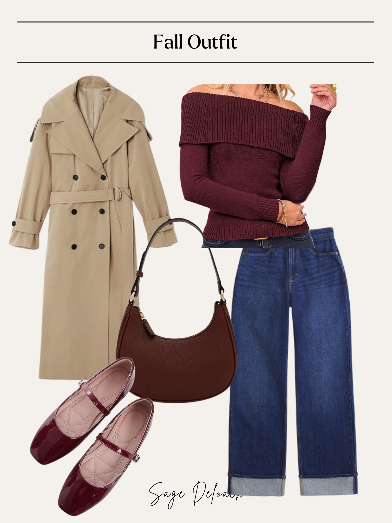 Fall outfits, ballet flats, dark denim, dark jeans, burgundy handbag, trench coat 