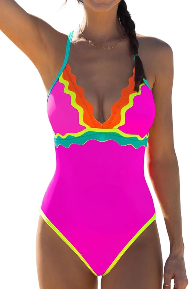 popvil One Piece Swimsuits Women 2026 Tummy Control - Neon Colorful Bathing Suit Slimming V Neck ... | Amazon (US)
