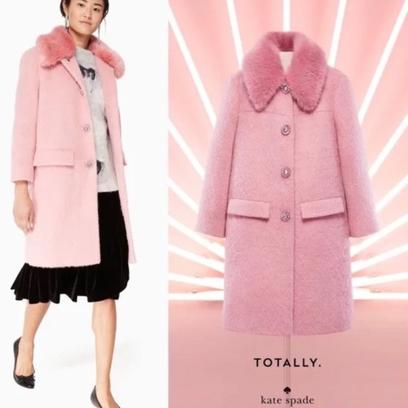 NWOT Kate Spade Tulip Pink Faux Fur Collar Jeweled Buttons Wool Blend | Poshmark