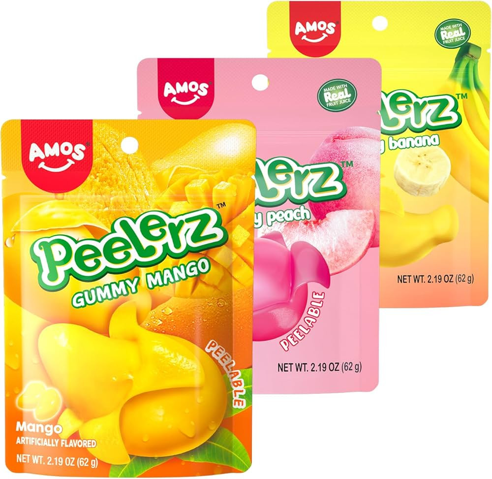 Amos Peelerz Peelable Gummy Candy Bundle - Mango, Peach, Banana Variety Pack, 3-Pack, 2.19oz Each | Amazon (US)