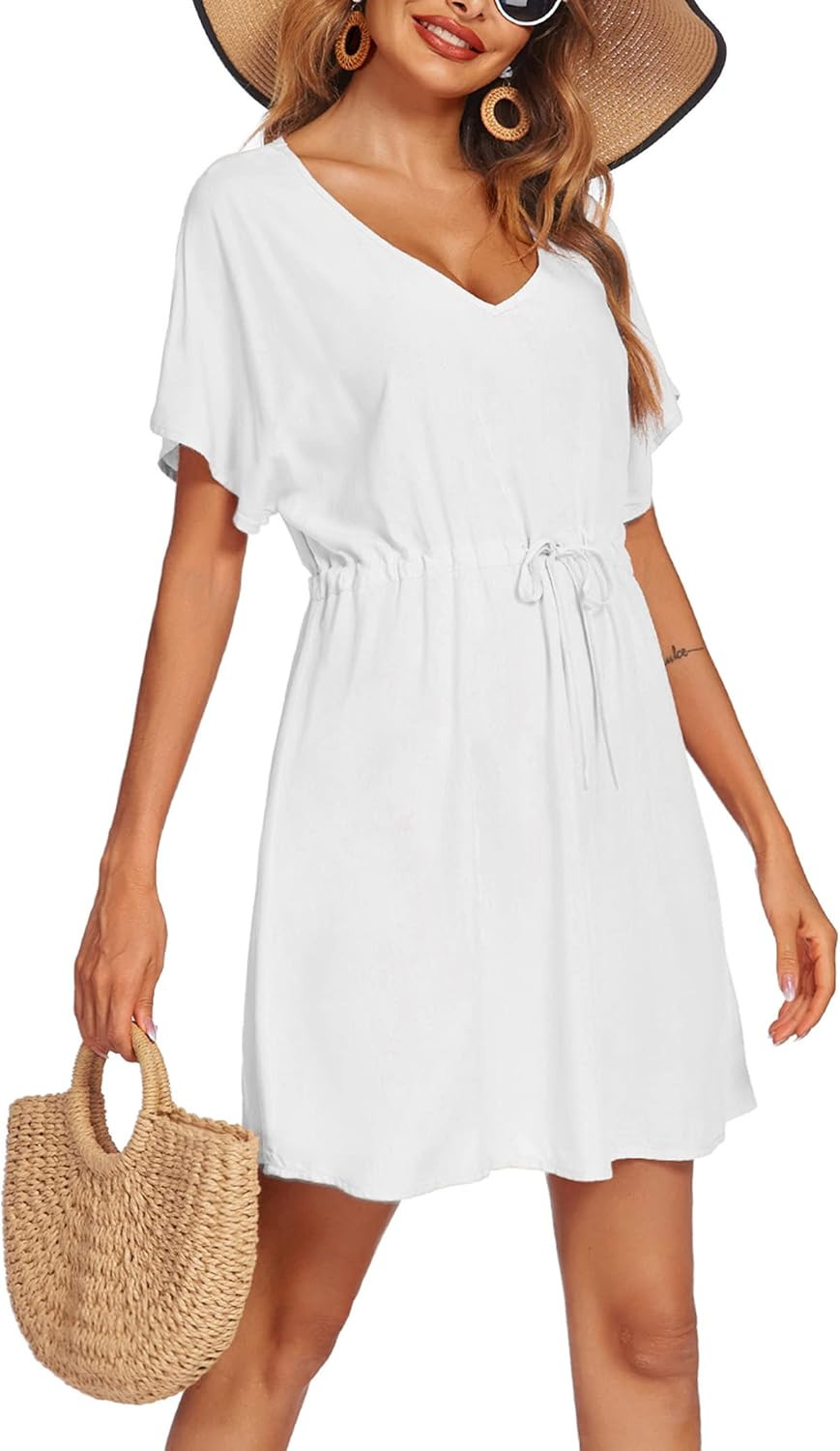 Ekouaer Womens Swimsuit Coverup Short Sleeve Beach Cover Up Dress V Neck Bikini Beachwear | Amazon (US)