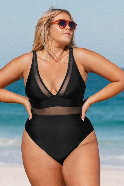 Omniscient Solid Mesh Panel Tummy Control Black Plus Size One Piece | Cupshe