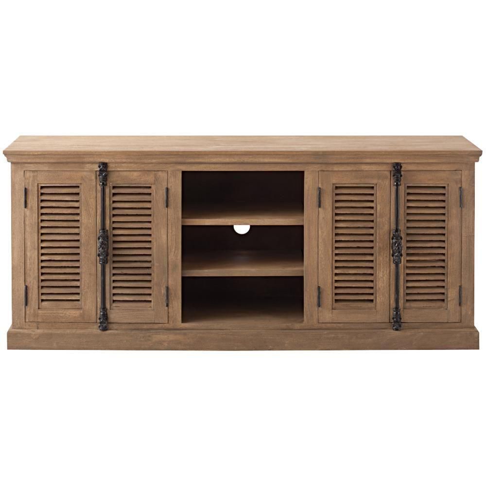 Highland 70 in. Sandblasted Natural Wood TV Stand Fits TVs Up to 65 in. with Storage Doors | The Home Depot