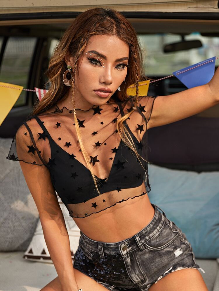 SHEIN Star Print Mesh Sheer Top | SHEIN