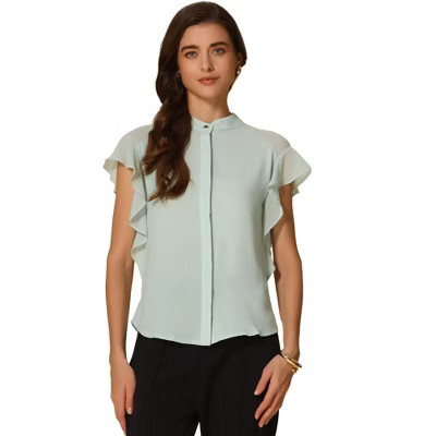 INSPIRE CHIC Women's Work Stand Collar Ruffle Short Sleeve Button Down Shirts Green X-Small | Target