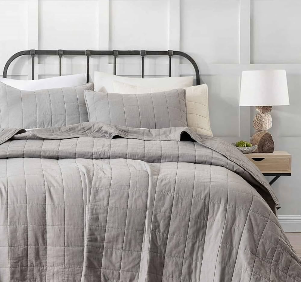 meadow park Stonewashed Linen Cotton Box Stitch Quilt and Matching Pillow Shams 3pcs Set, King Si... | Amazon (US)