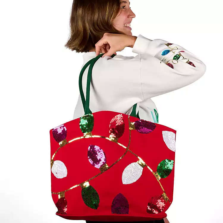 New! Red Sequin Christmas Lights Tote | Kirklands