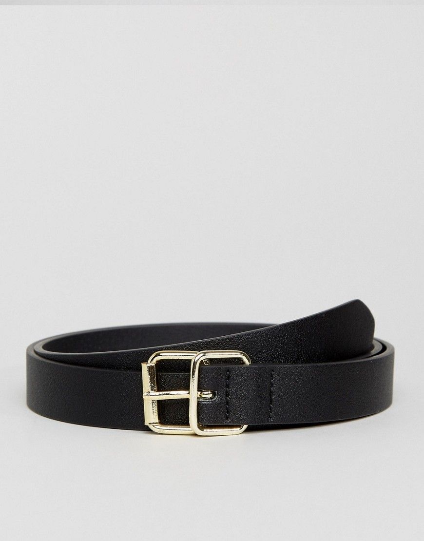 ASOS Slim Belt In Black Faux Leather And Double Gold Keeper - Black | ASOS US