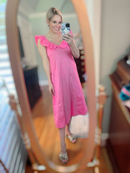 Midi ruffle pink dress 

#LTKover40 #LTKfindsunder100 #LTKshoecrush