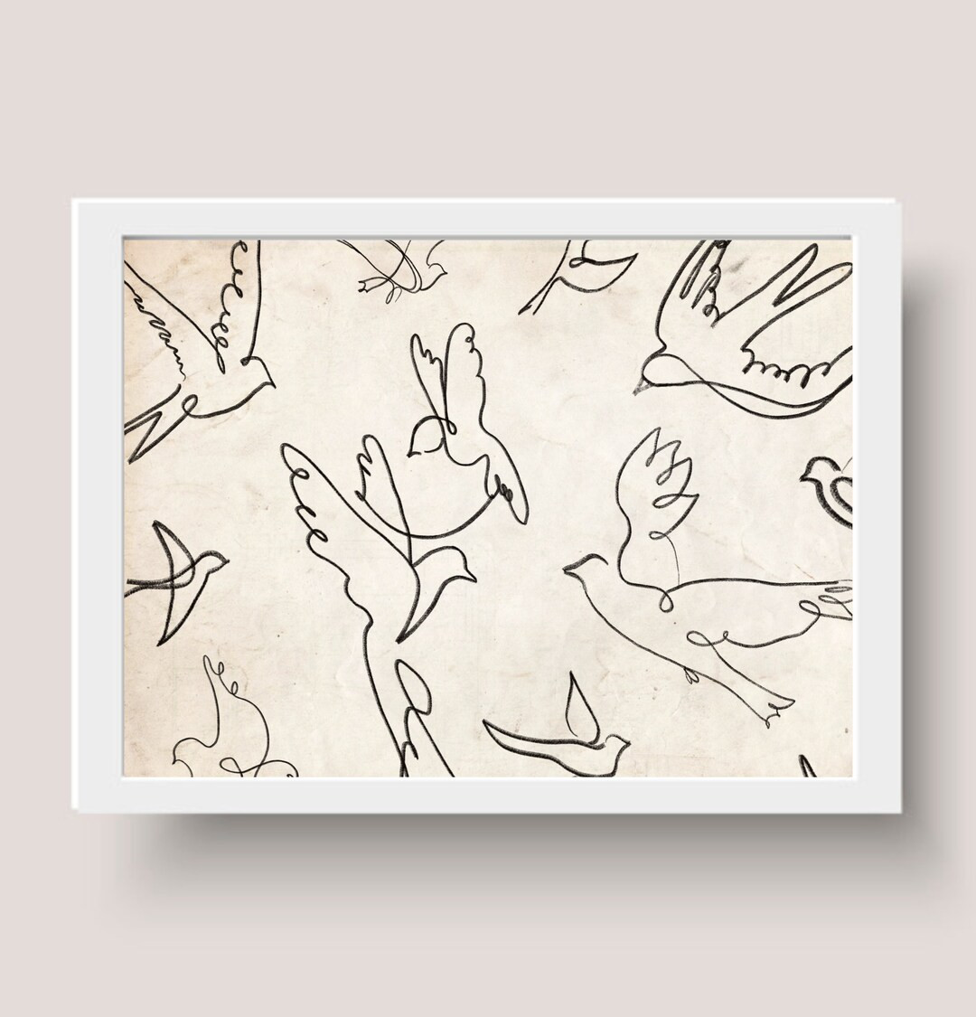 Vintage Minimalist Dove Bird Sketch - Abstract Line Art Pattern - Boho Home Decor- Horizontal Art... | Etsy (US)