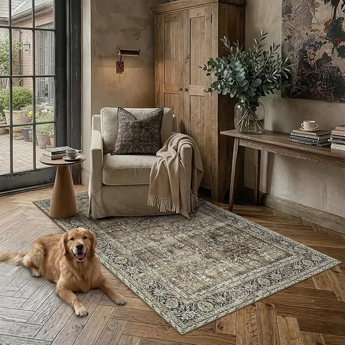 Vintage Area Rug 3x5 Brown Entryway Office Washable Carpet Non Slip Bedroom Indoor Living Room Do... | Amazon (US)