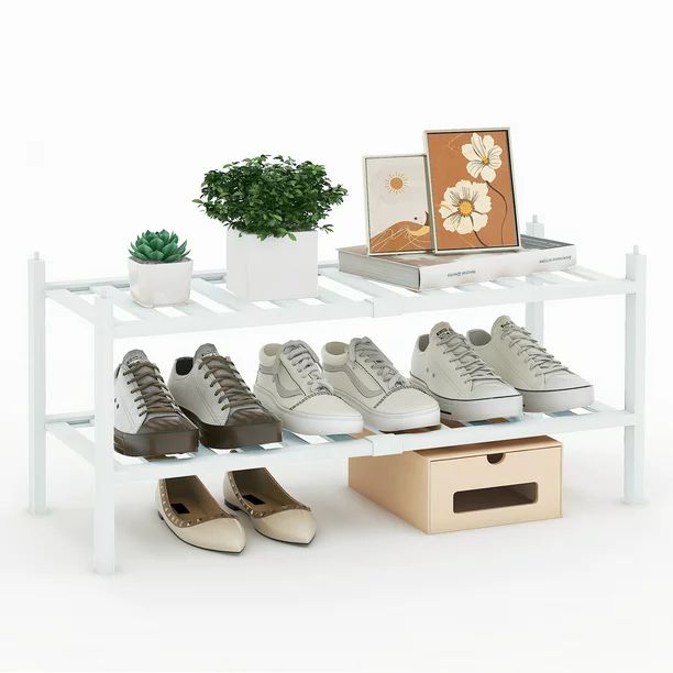 Quiqear 2-Tier Shoe Rack, Stackable Bamboo Shoe Shelf, 9 Pairs Storage Organizer for Shoes, White | Walmart (US)