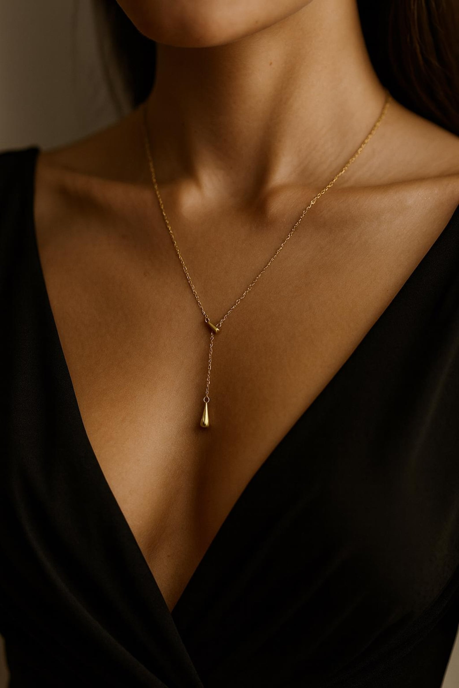 18K Gold Teardrop Lariat Necklace, 20” Y Drop Necklace with 10mm & 16mm Drops, Minimalist Gold ... | Etsy (Global)