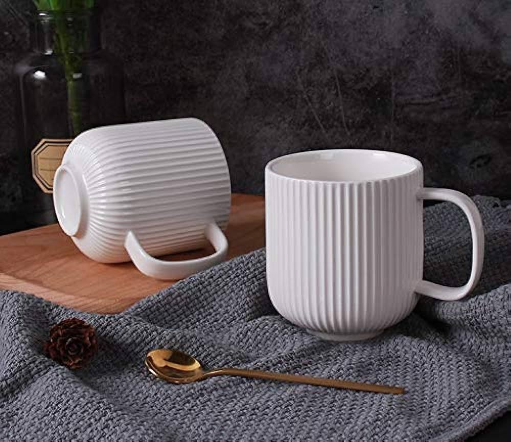Porcelain White Mugs for Coffee, Tea, Cocoa, Set of 4, 12 oz, Lined Texture, Matte | Amazon (US)