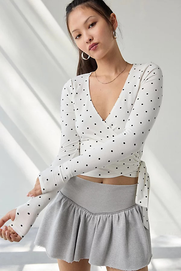 Out From Under Bec Long Sleeve Ballet Wrap Top in White/Black Polka Dot, Women's at Urban Outfitters | Urban Outfitters (US and RoW)