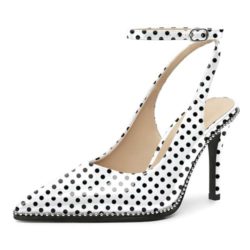 Soireelady Womens Polka Dot Heels Beaded Stiletto Heels Slingback Ankle Strap Heels Pointed Toe High Heel Pumps Shoes 3.5 Inches Polka Dot US Size 12.5 | Amazon (US)