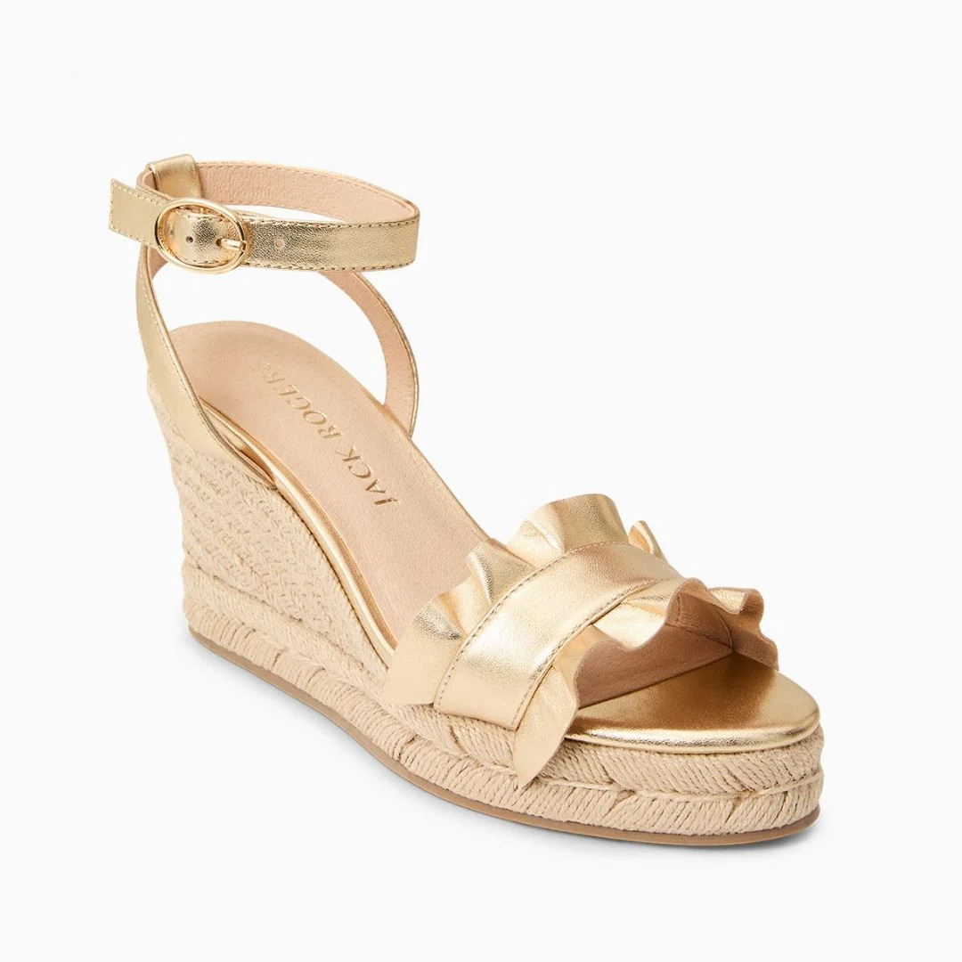 Jack Rogers Rozette Ruffle Wedge | Suede | Gold | Jack Rogers