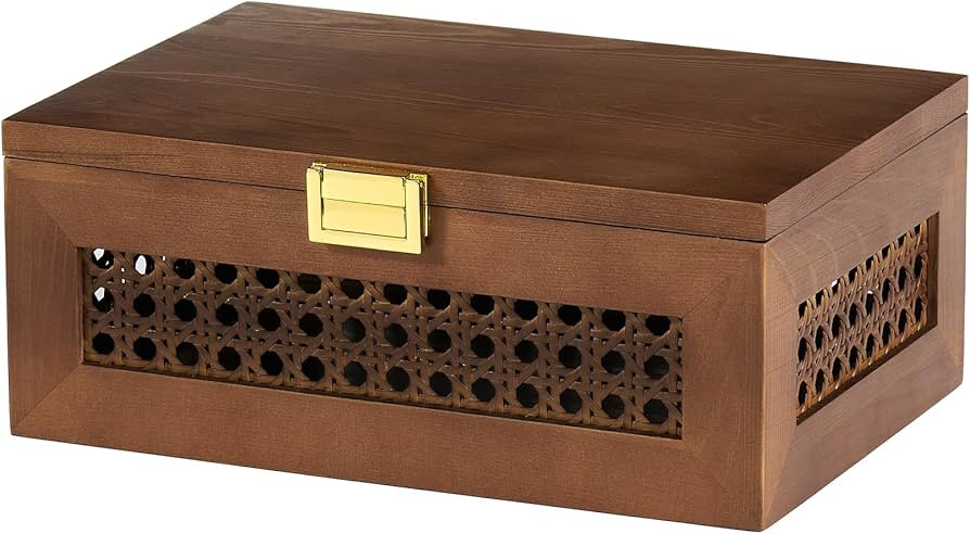 Amazon.com: VinneGenzz Decorative Rattan Storage Boxes Solid Wood Woven Baskets Bins with Lid Kee... | Amazon (US)