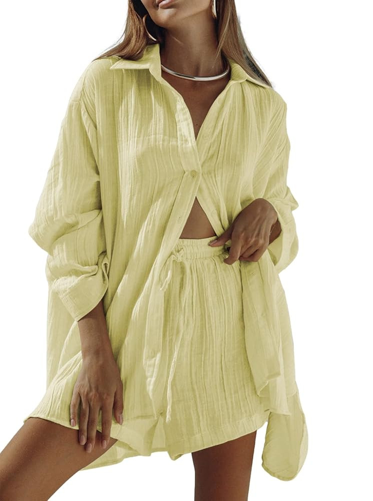 Linsery 2 Piece Summer Outfits Button Down Shirt Top and Shorts Casual Lounge Sets | Amazon (US)