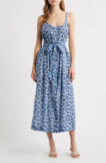 DÔEN Nevita Belted Organic Cotton Voile Midi Dress in Bleu Soleil Fleurit at Nordstrom Rack, Size Large | Nordstrom Rack
