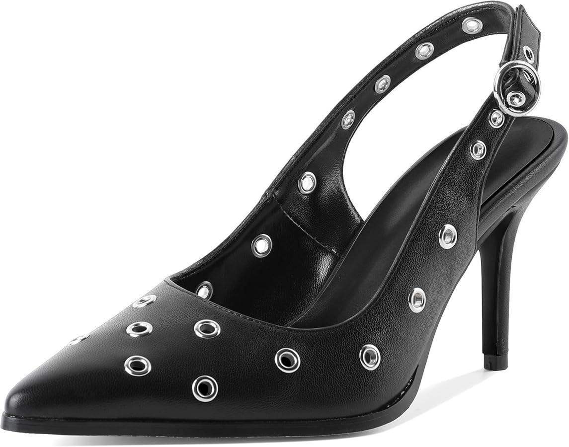 Eldof Women Slingback Heels Studded Eyelet Pointed Toe Slip On Stilettos High Heel Pumps Shoes Dr... | Amazon (US)