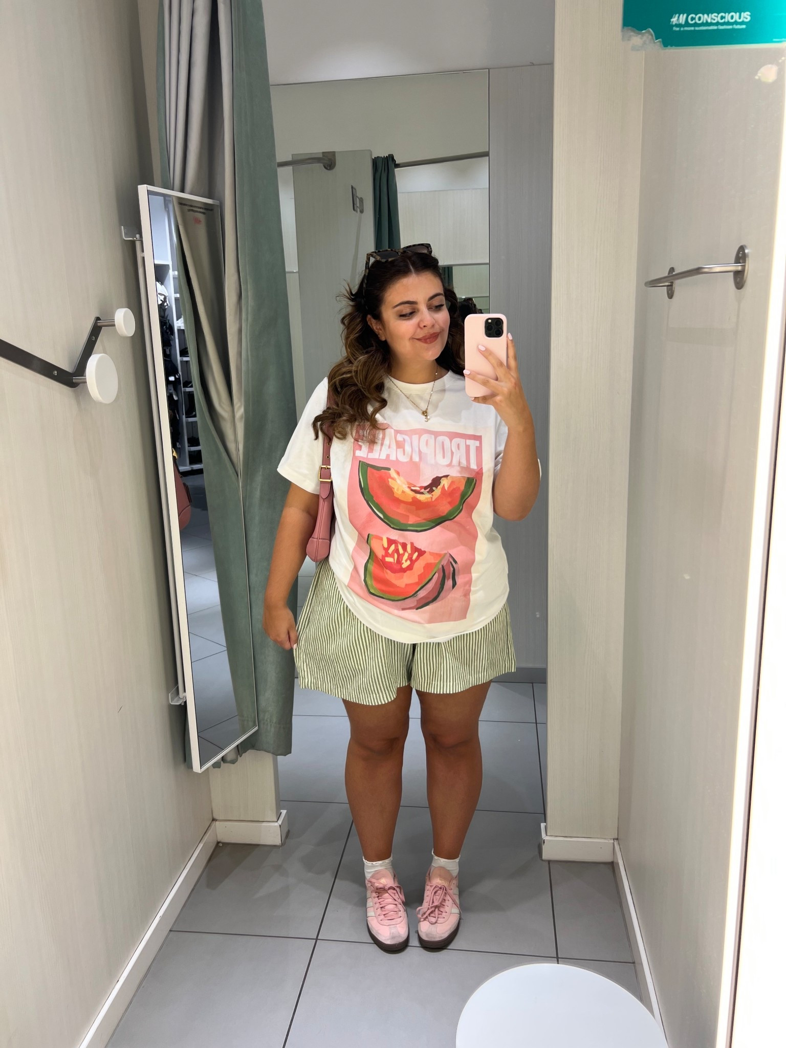 Casual shopping day outfit 🛍️ 

Graphic T-shirt, H&M tshirt, asos shirts, green shorts, stripe shorts, pink trainers 

#LTKuk #LTKsummer #LTKmidsize