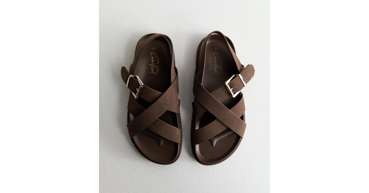 Brown Faux Brushed Leather Multi Strap Chunky Flat Sandals | New Look | New Look (UK)