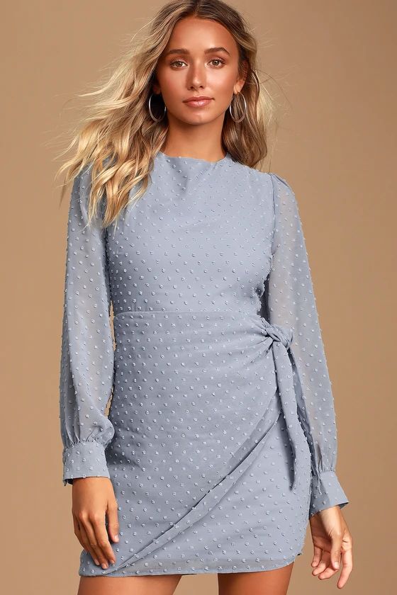 Much Love Light Blue Swiss Dot Long Sleeve Tie-Front Mini Dress | Lulus (US)