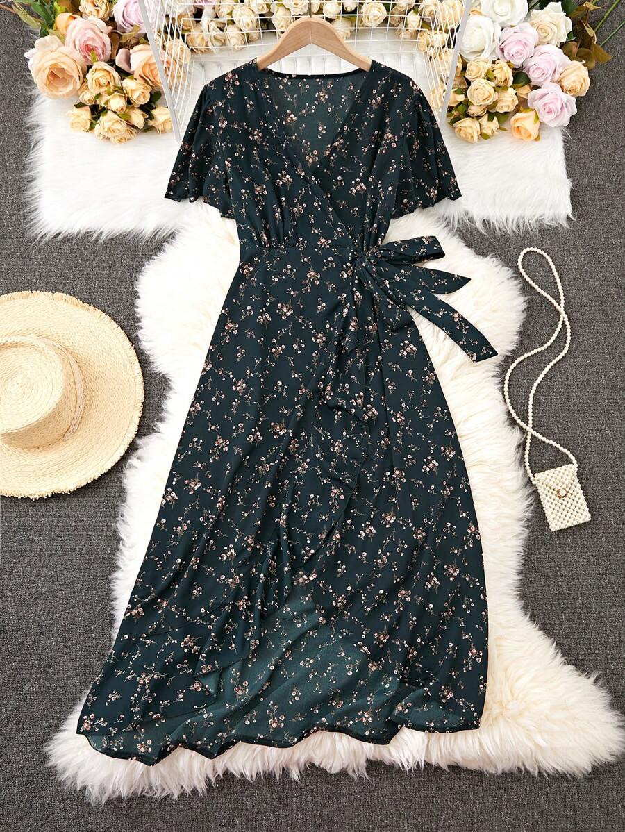 SHEIN LUNE Summer Casual Ditsy Floral Print V-Neck Wrap Dress Maxi Women Outfit | SHEIN