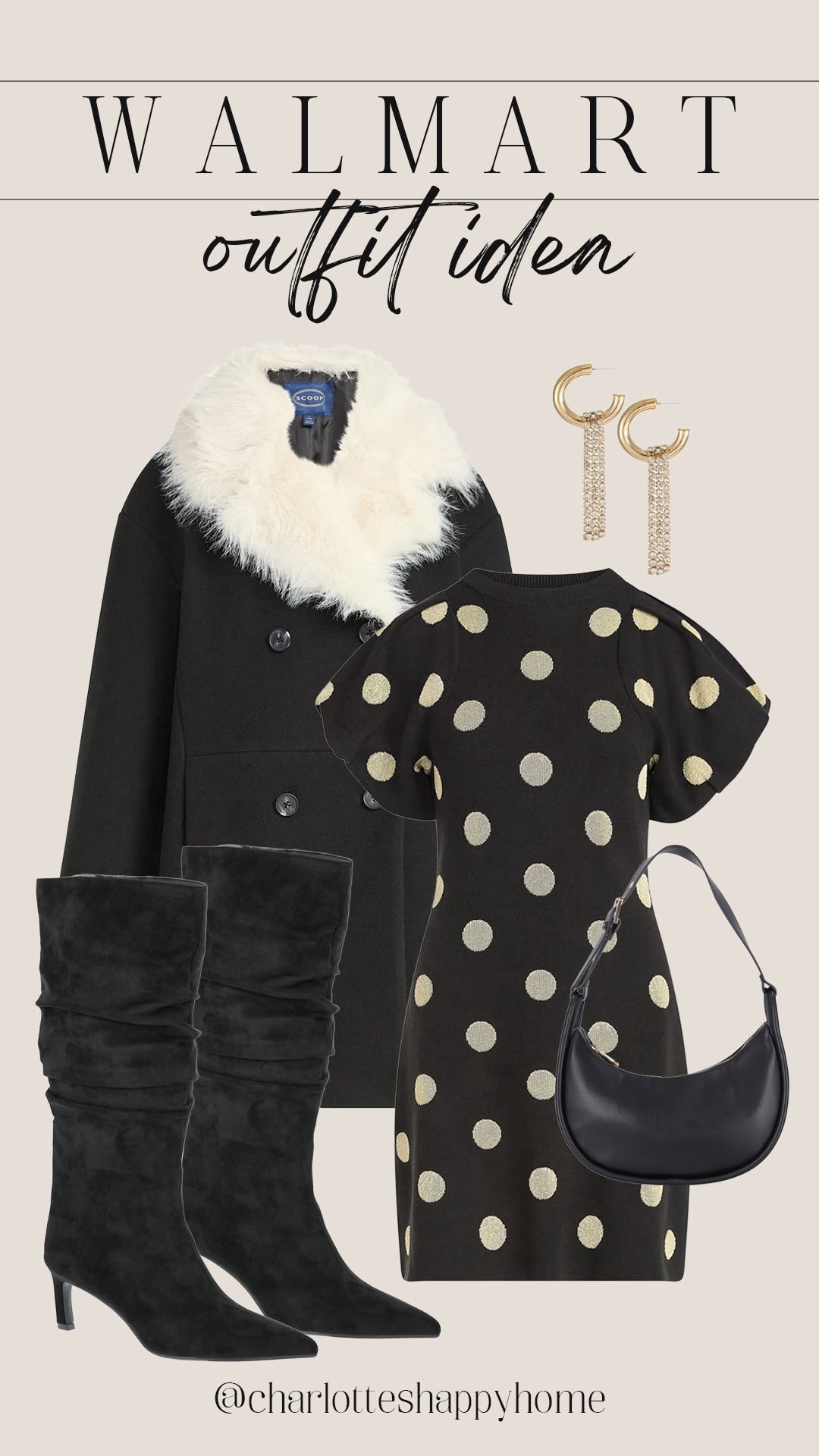 Neutral holiday party outfit idea all from Walmart! 

#walmartfashion

Walmart fashion. Walmart new arrivals. Walmart holiday style. Walmart faux fur coat. Walmart tall boots. Walmart polka dot black dress  

#LTKHoliday #LTKSeasonal #LTKFindsUnder50