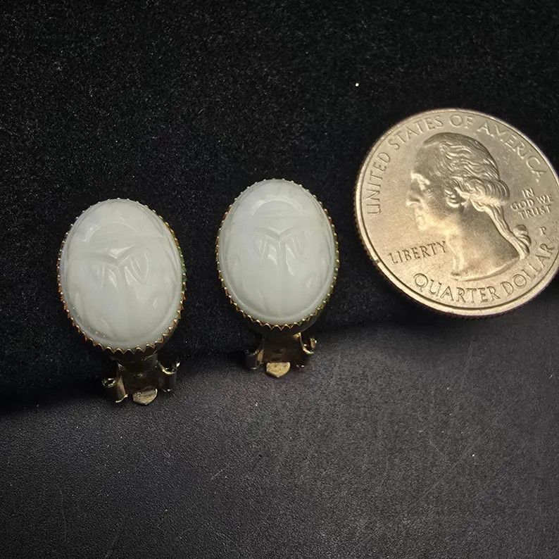 White Milk Scarab Earrings Clip On Egyptian Revival Beetle Bug Insect Vintage | Etsy (Global)